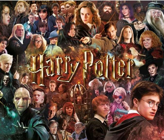 Collage del mundo Harry Potter: LEGO, libros, películas y Hogwarts